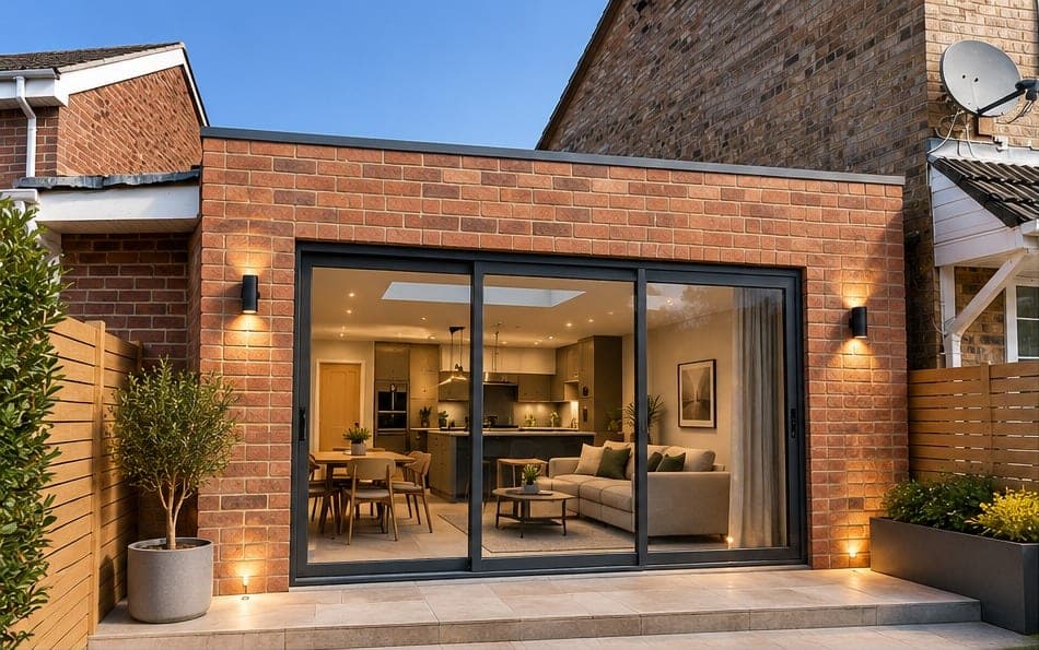Design visual of a single-storey brick extension from the garden, with wide sliding doors and wall lights